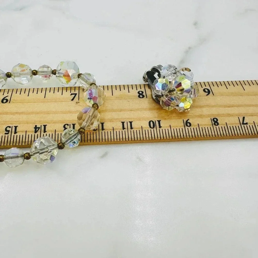Vintage Crystal Aurora Borealis Necklace  Matching Clip On Earrings Set …